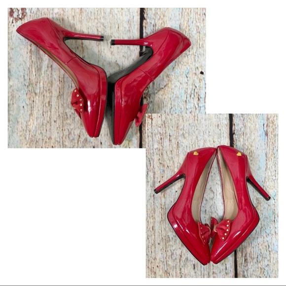 MOSCHINO EUC Red Patent Leather Studded Bow Pumps - Picture 5 of 16